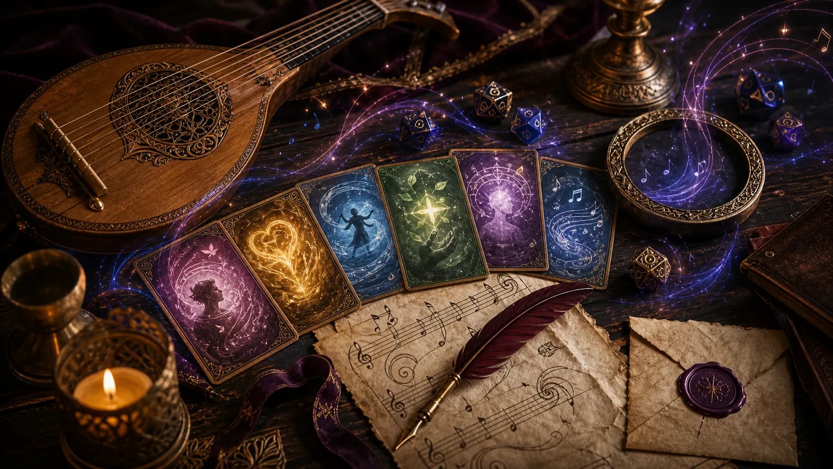 dnd bard spells 指南封面图，桌面上摆放鲁特琴、彩色法术卡、骰子、乐谱和奥术音乐光效