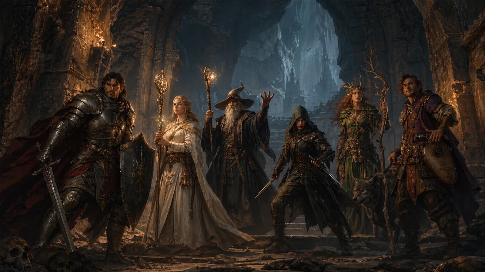 A Dungeons & Dragons party with different class archetypes exploring a dungeon