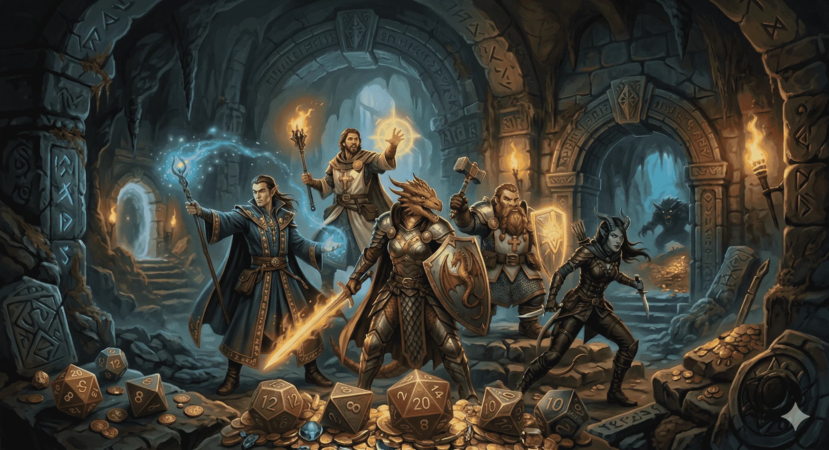 A Dungeons & Dragons party with different class archetypes exploring a dungeon