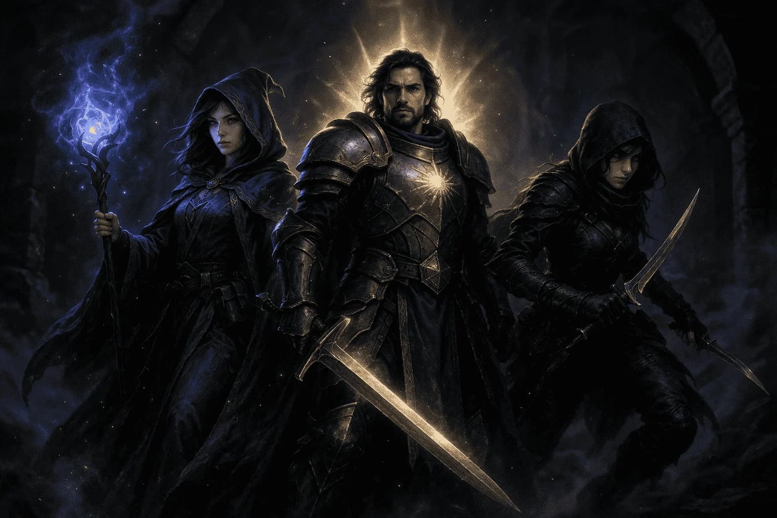 A Dungeons & Dragons adventuring party with a paladin, mage, and rogue framed as a tier-list article cover