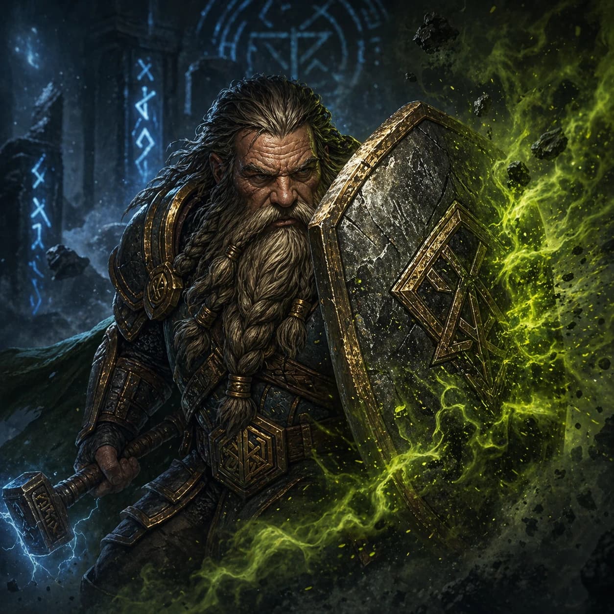 DND constitution guide cover showing a dwarf guardian raising a rune shield into toxic energy inside a stone chamber