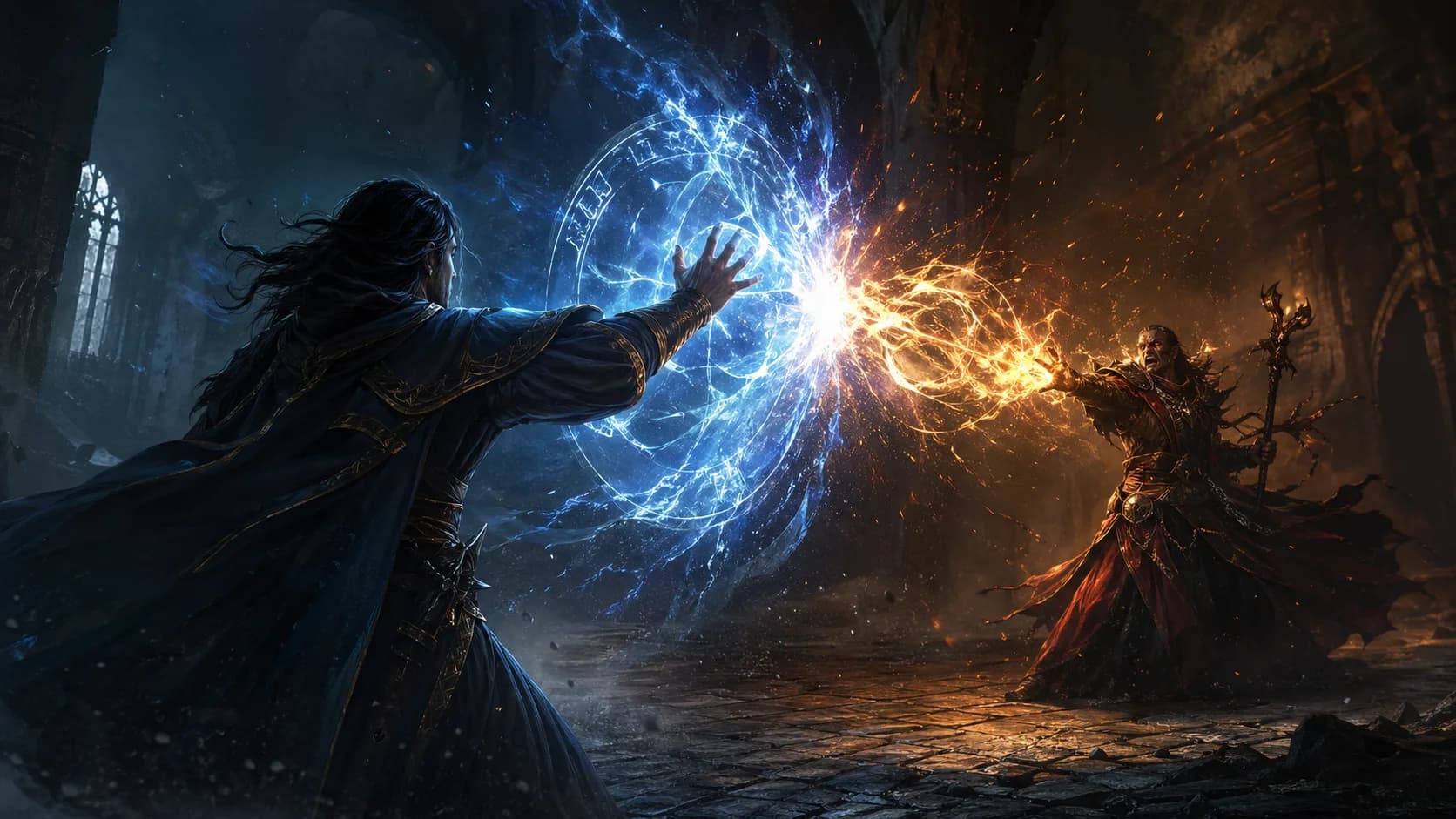 DND counterspell guide cover showing two spellcasters clashing as a blue abjuration ward interrupts gold spell energy in a ruined stone chamber