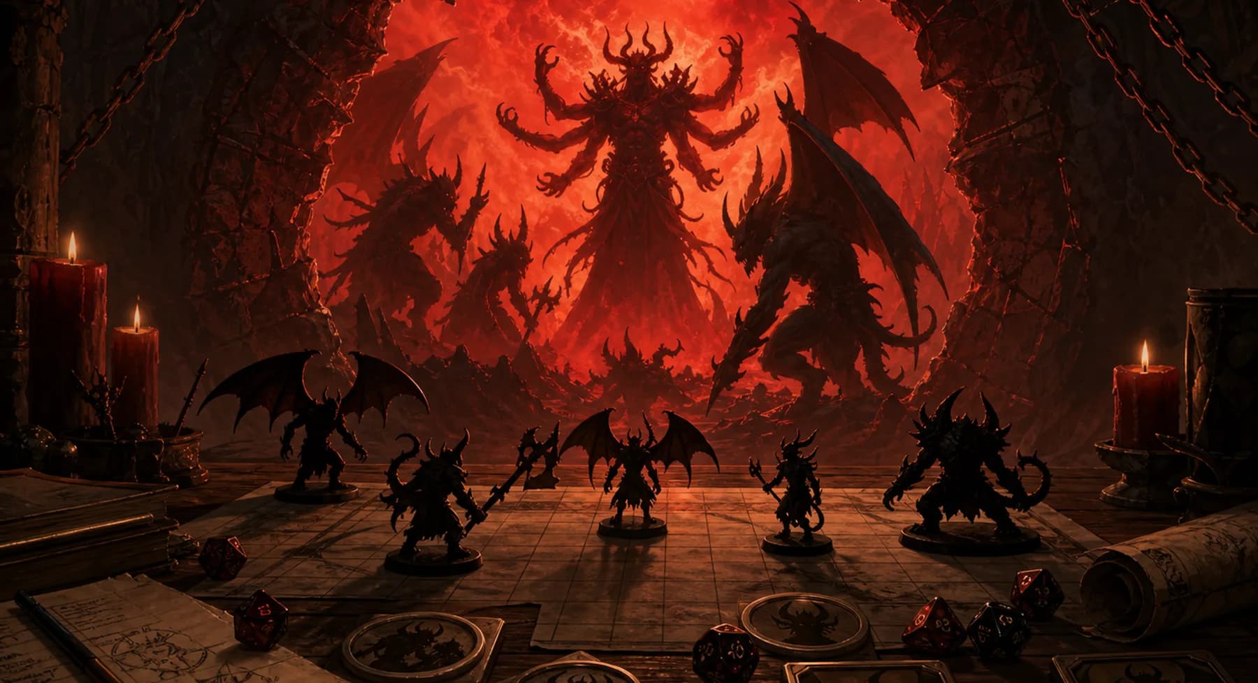 dnd demons guide cover showing an Abyssal portal, demon silhouettes, dice, encounter notes, and VTT token frames