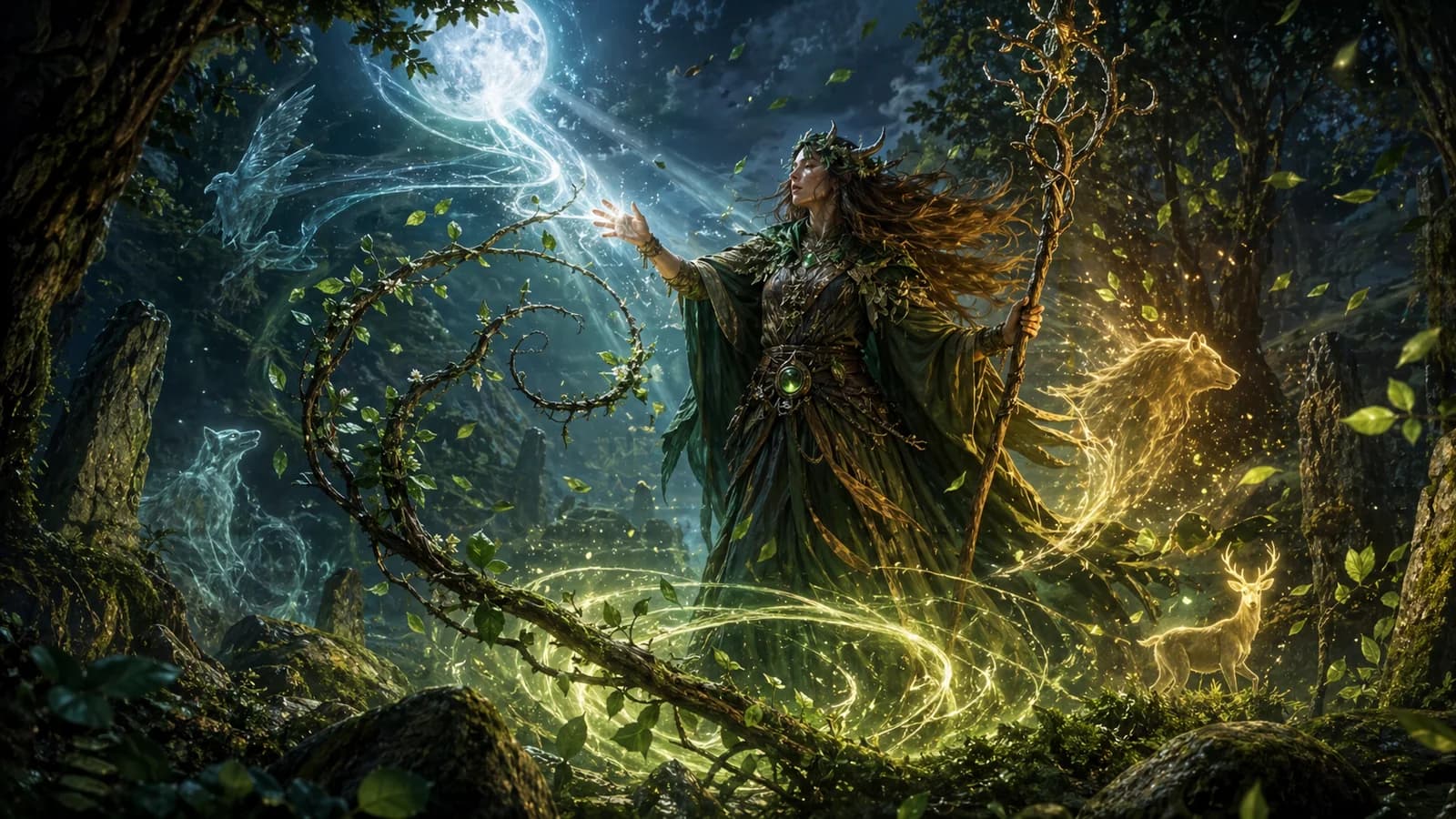 DND druid spells cover showing a druid channeling moonlit nature magic in an ancient forest clearing