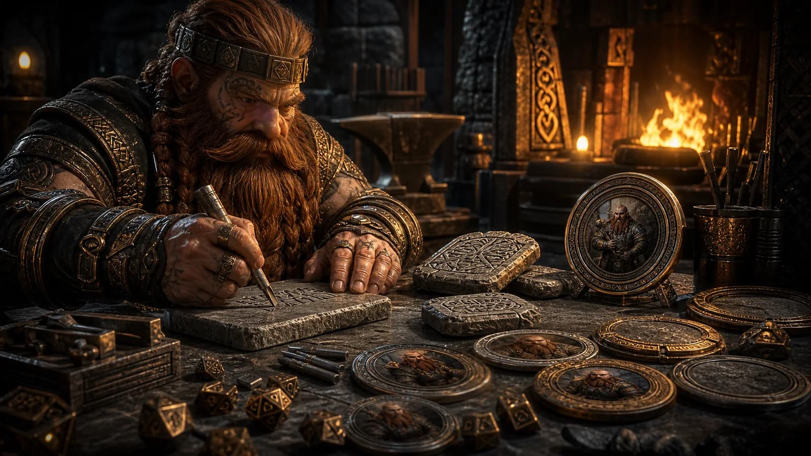 dnd dwarf names guide cover showing a dwarf carving clan names beside dice and VTT token frames in a forge-lit stone hall