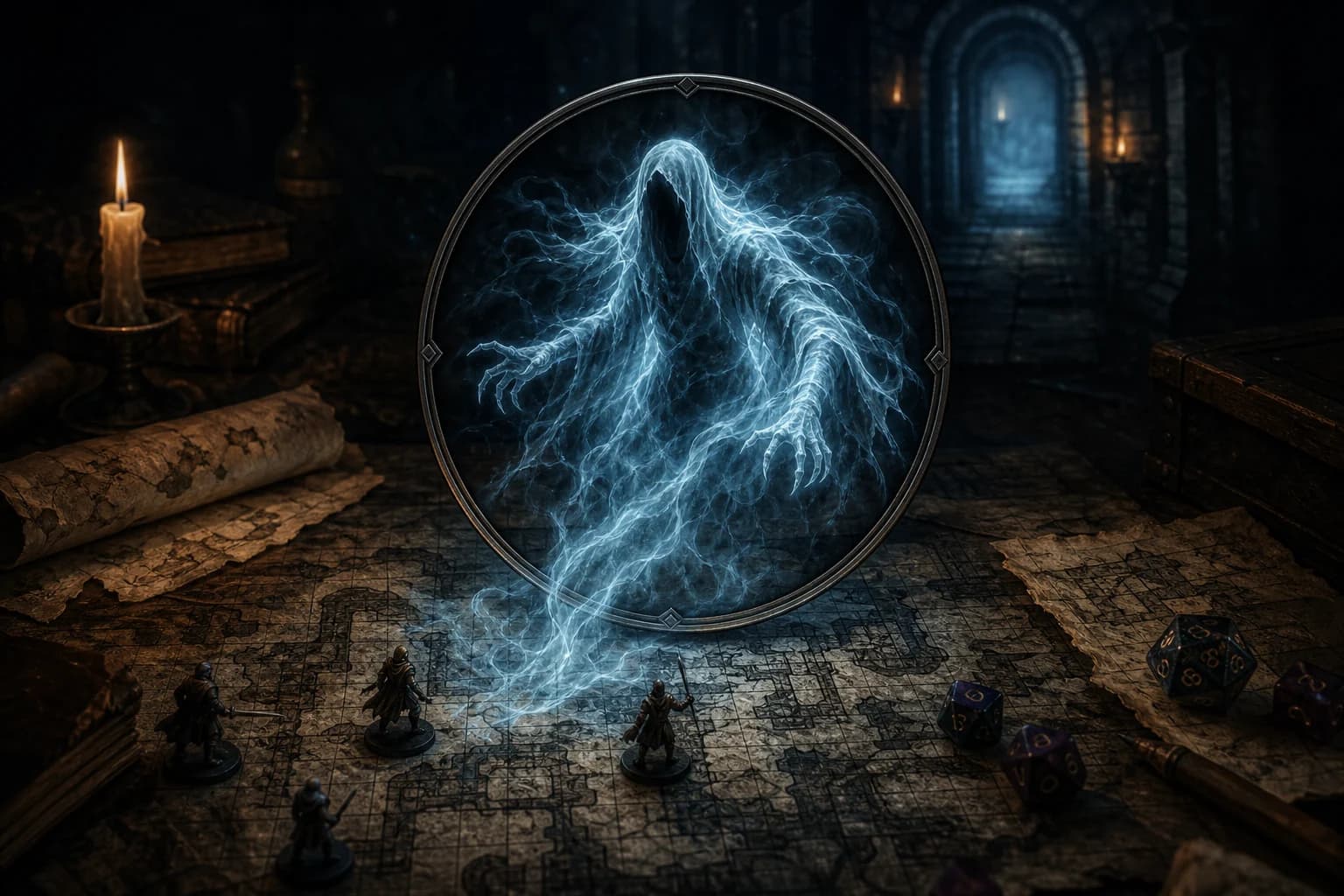 dnd ghost guide cover showing a spectral undead spirit rising from a VTT token frame over a haunted tabletop map