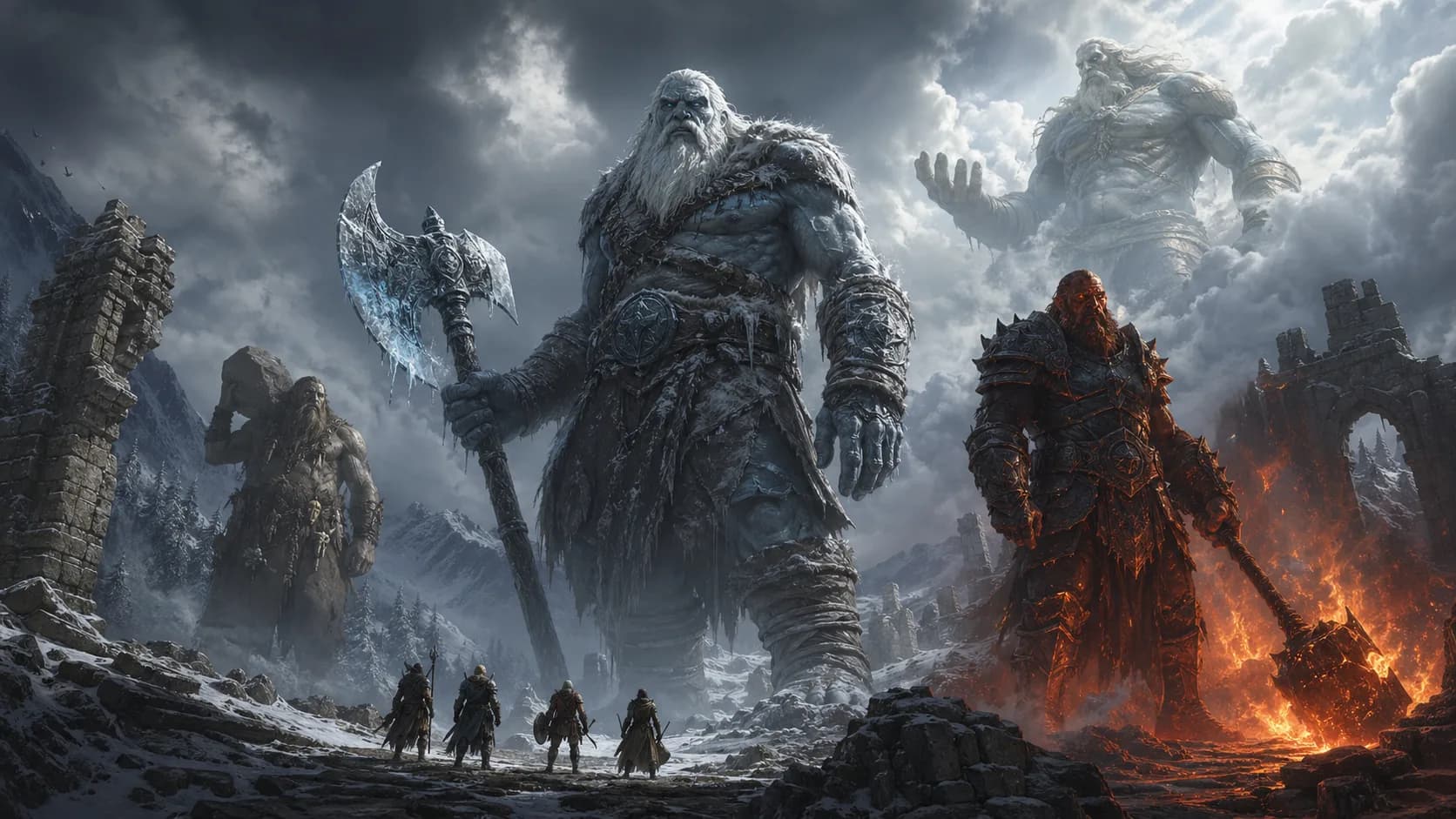 DND giants 指南封面图，霜巨人、火巨人、丘陵巨人、云巨人和风暴巨人在山道中俯视小型冒险者