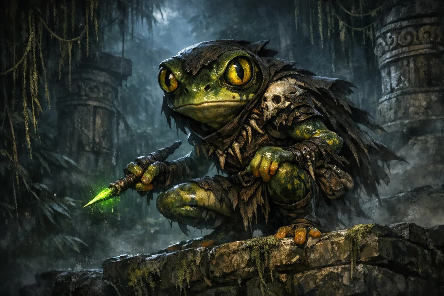 Dark fantasy DND grung cover showing a poisonous frogfolk scout crouched on jungle ruins with a glowing green dart