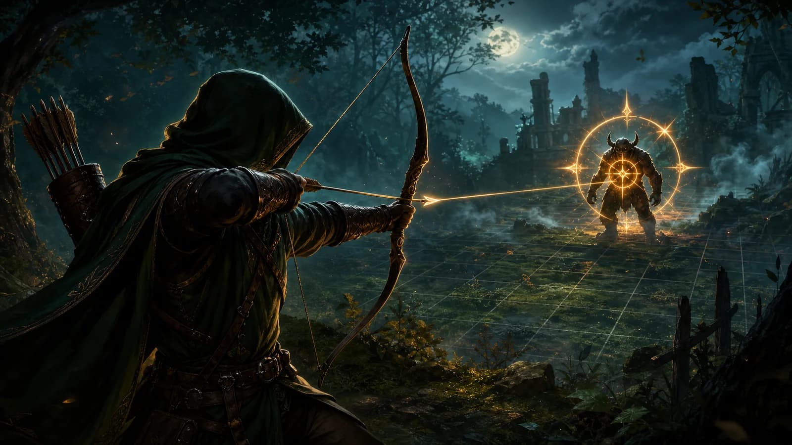 dnd hunter's mark 指南封面图，月夜战斗地图上一名 Ranger 瞄准带有发光 quarry 标记的怪物