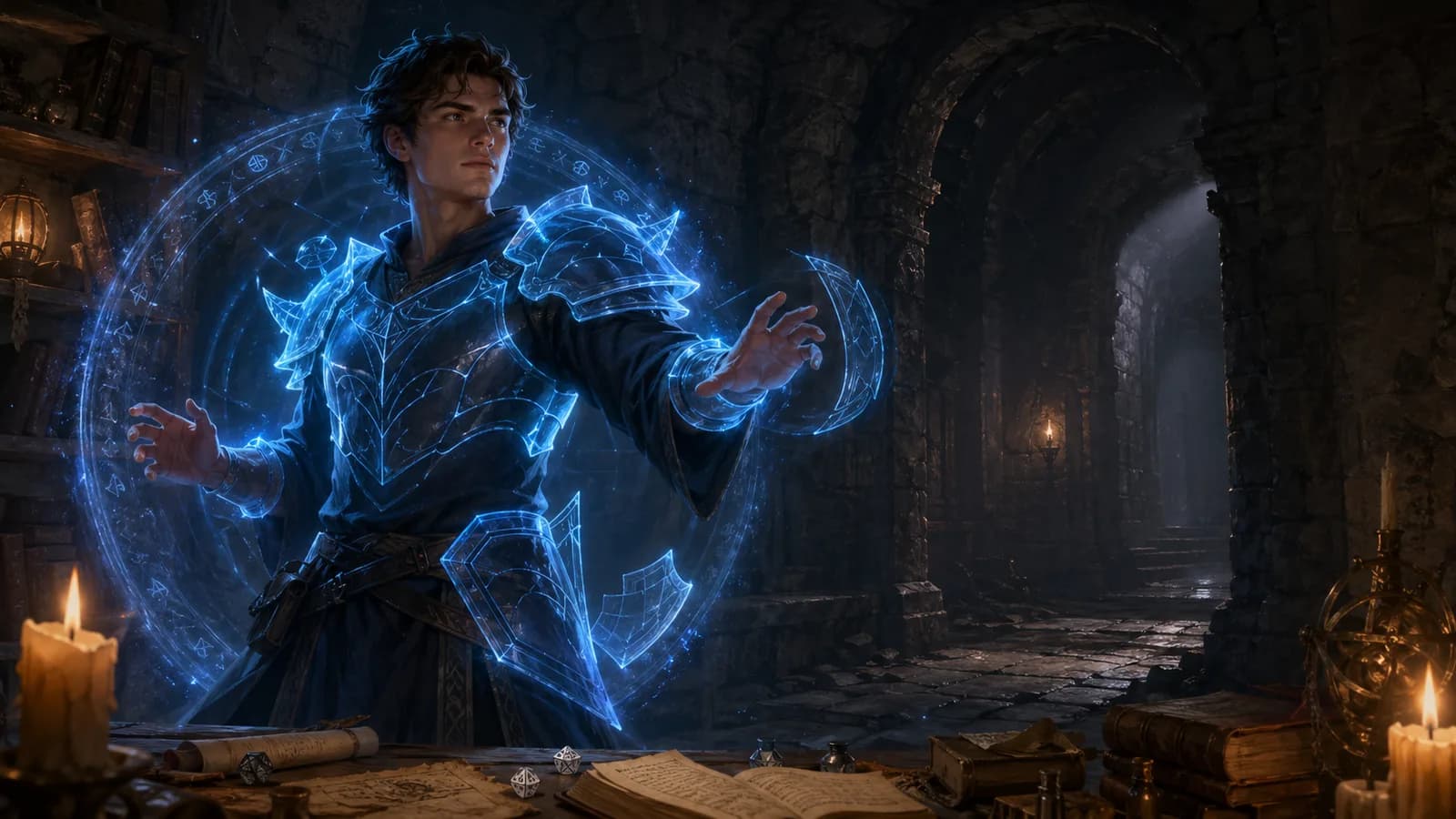 dnd mage armor 指南封面图，石质地城书房里一名长袍施法者被蓝色幽灵护甲保护
