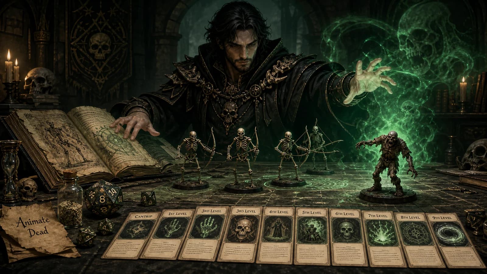 dnd necromancer spells guide cover showing a necromancer commanding skeleton archers and a zombie beside Animate Dead notes and spell cards