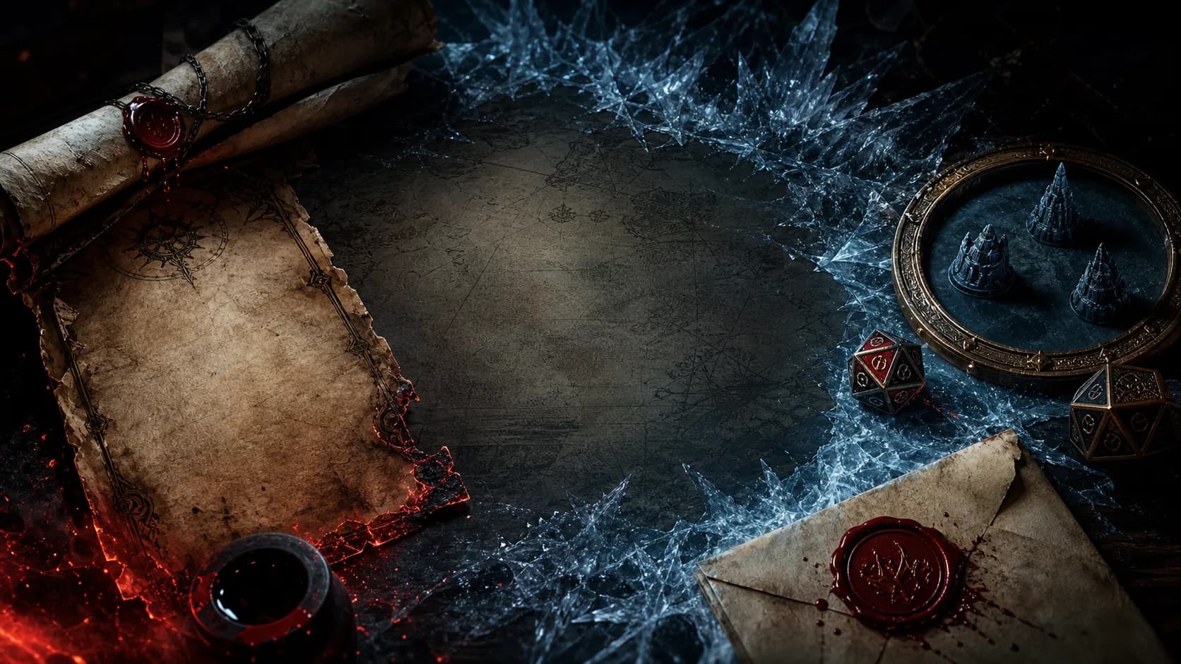 mephistopheles dnd 指南封面图，展示冰狱契约桌面、骰子、寒霜、地狱火和封蜡交易