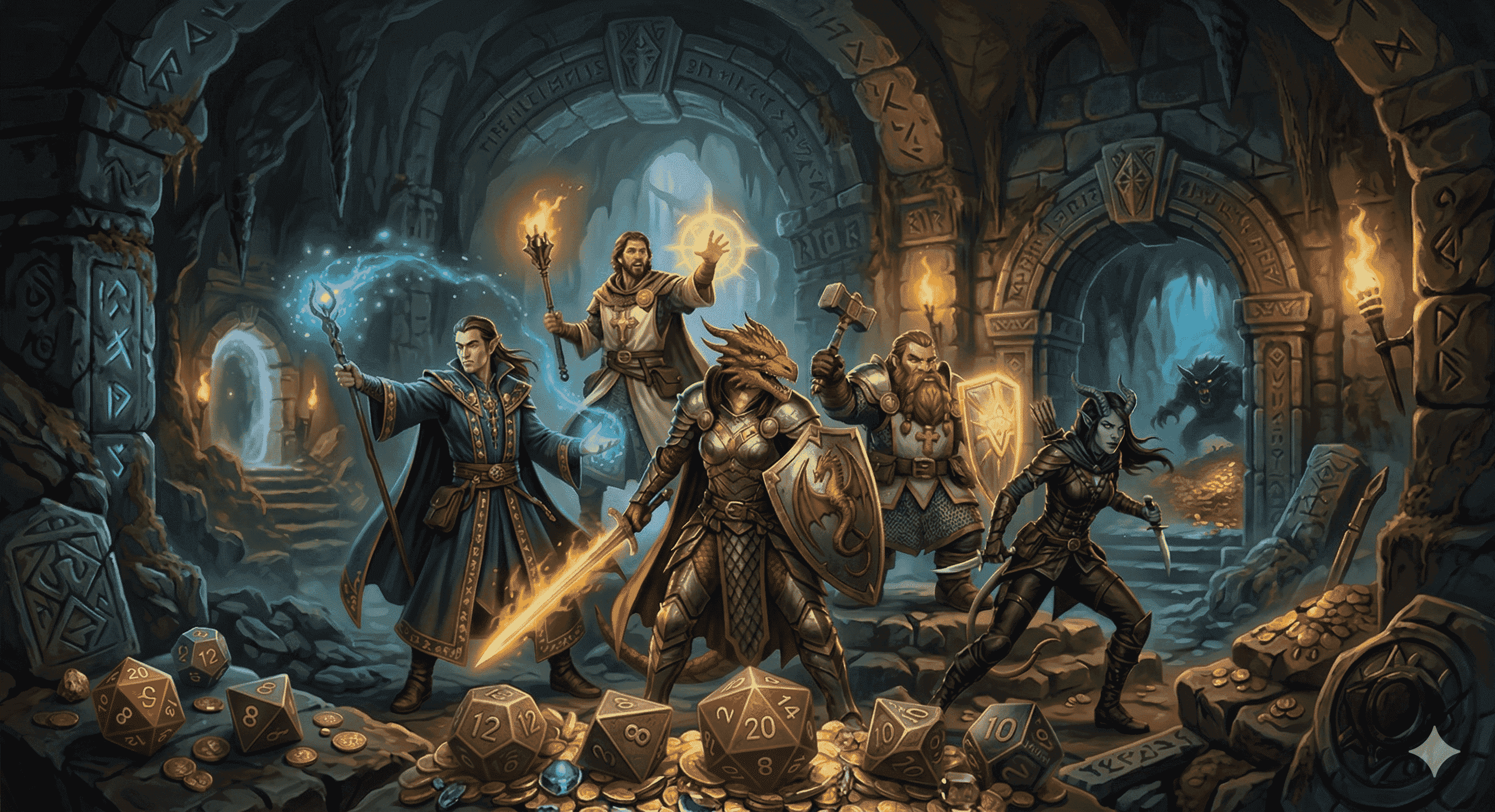 一支由不同职业构成的龙与地下城冒险小队正在地城中探索