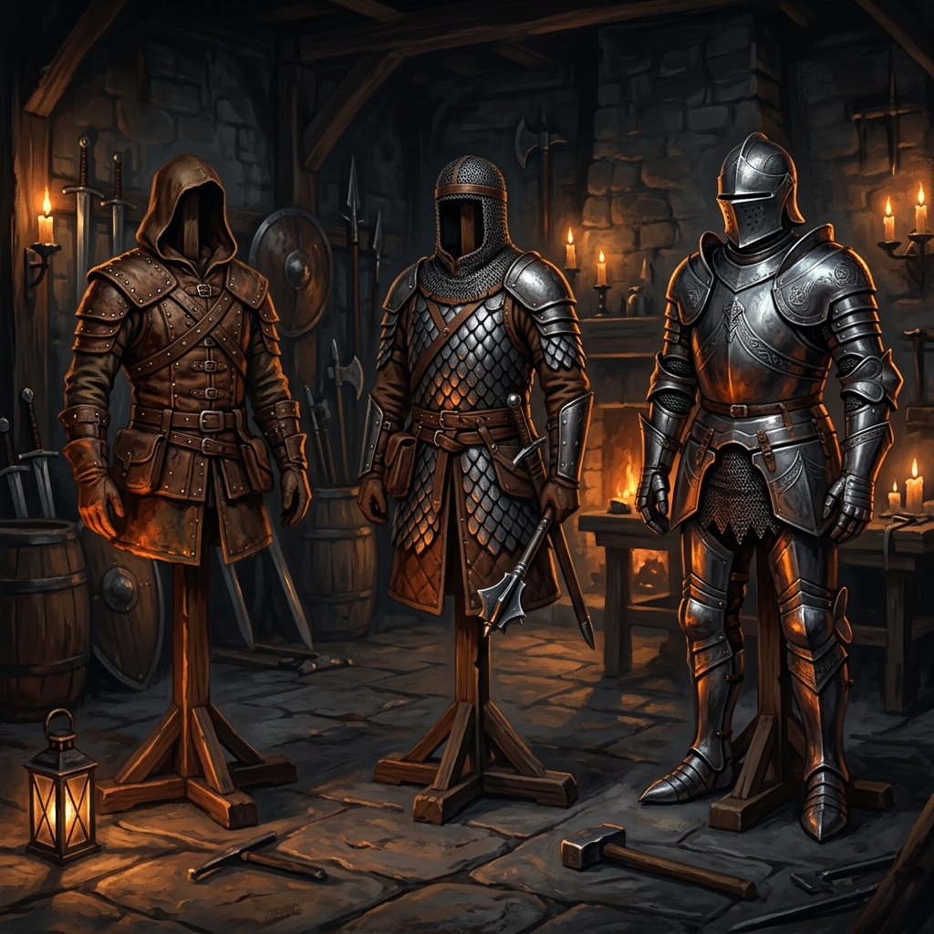 中世纪军械库中展示的三种 DND 护甲：皮甲、鳞甲和全身板甲