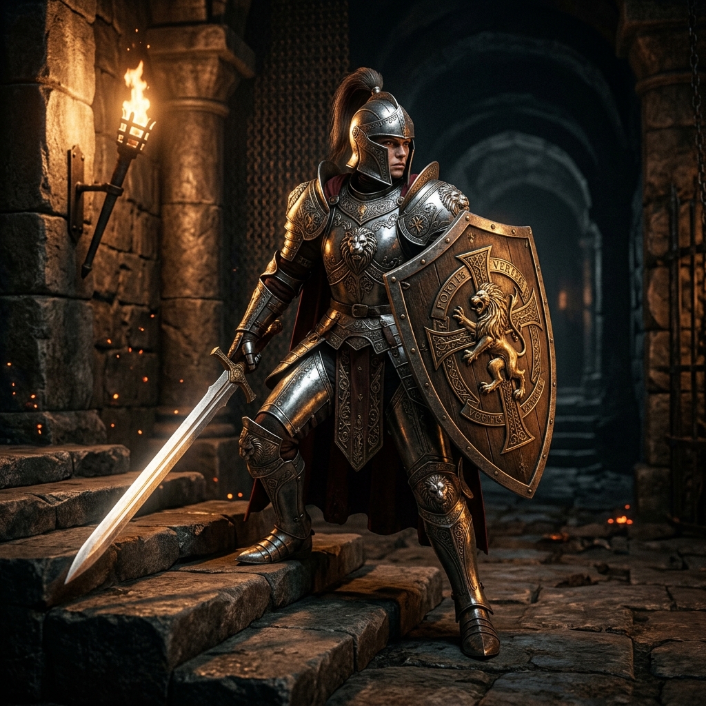 一名穿着全身板甲的圣武士在黑暗地城中持盾站立，代表 DND 重甲