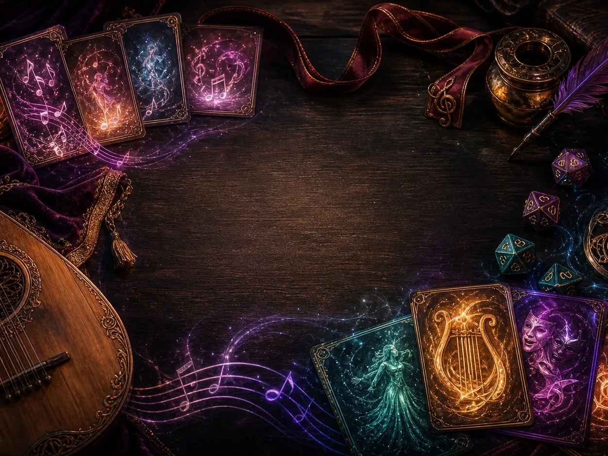 dnd bard spells 视频 webp 封面图，展示鲁特琴、法术卡、骰子和奥术音乐光效