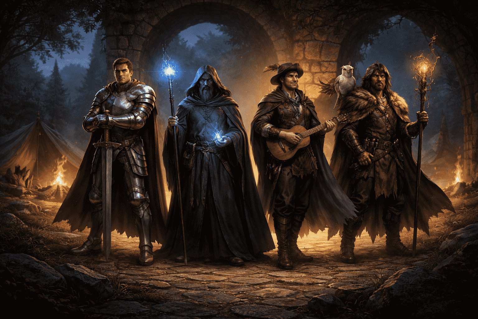 一支由不同职业原型组成的龙与地下城冒险小队站在拱门前