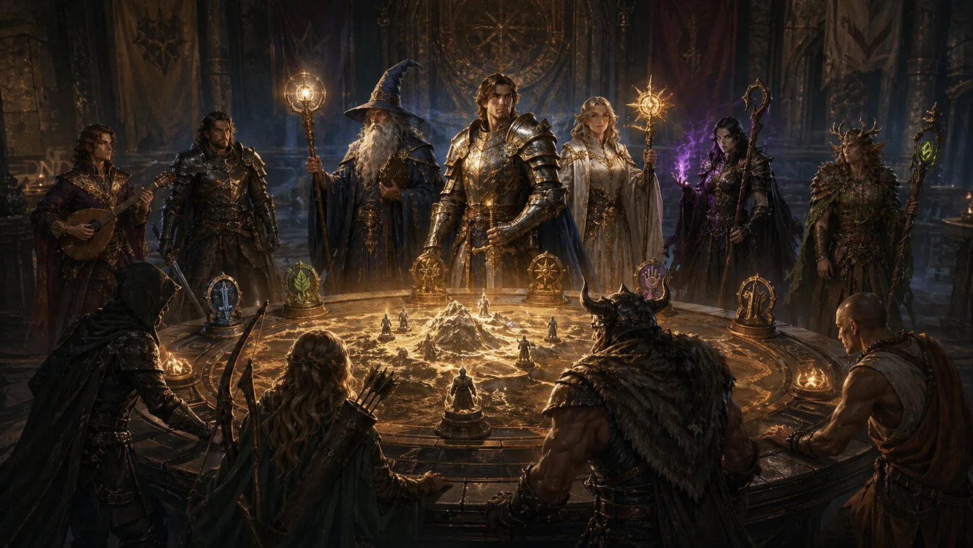 A Dungeons & Dragons party lineup featuring martial and spellcasting class archetypes