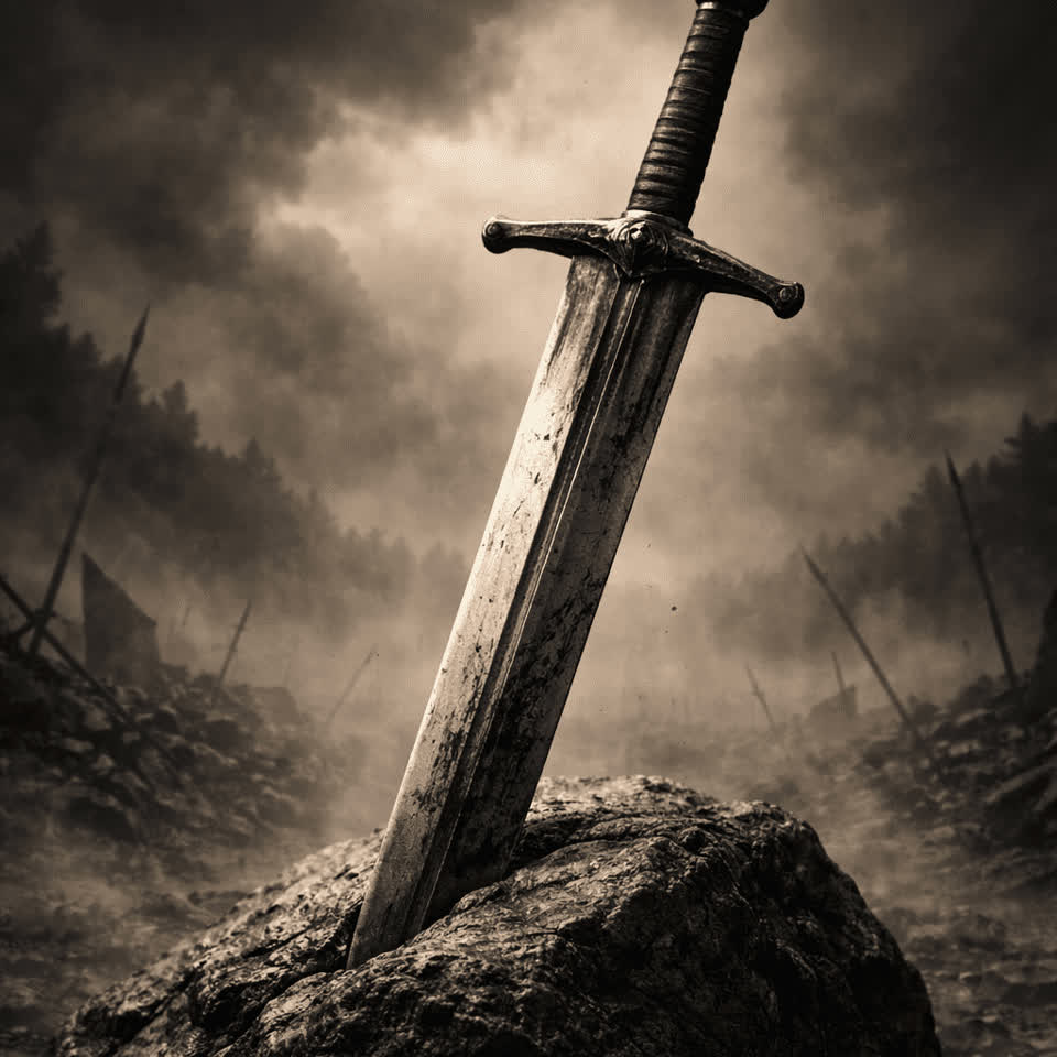 一把插在岩石中的长剑，呈现出近战职业那种粗犷直接的力量感