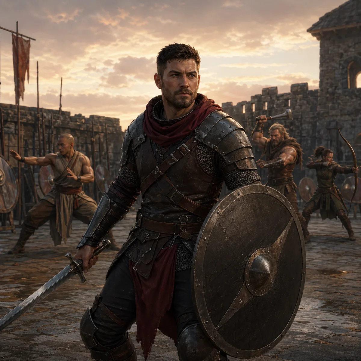 A Dungeons & Dragons fighter in practical armor training with sword and shield