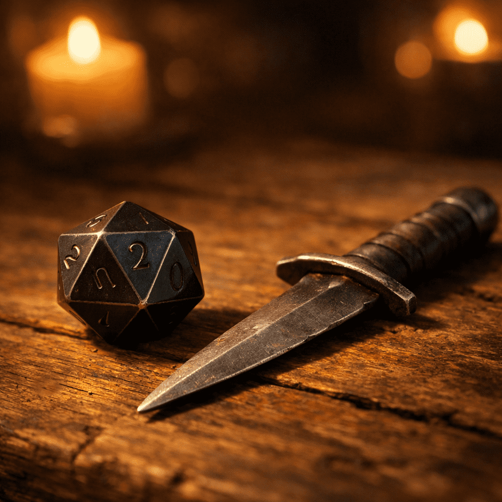 烛光下的桌面上放着一枚二十面骰和一把匕首，营造出跑团开场前的氛围