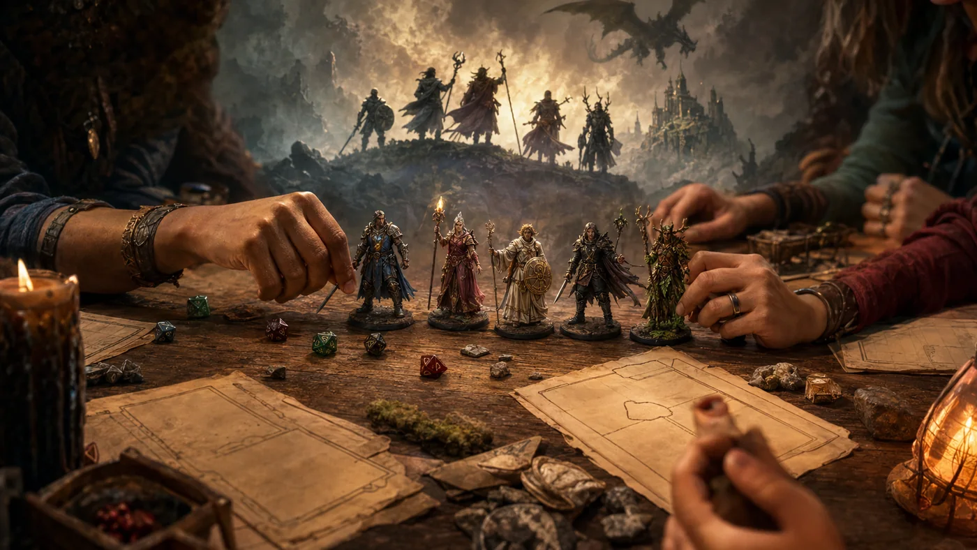 Dungeons & Dragons class miniatures and character sheets arranged around a warm tabletop
