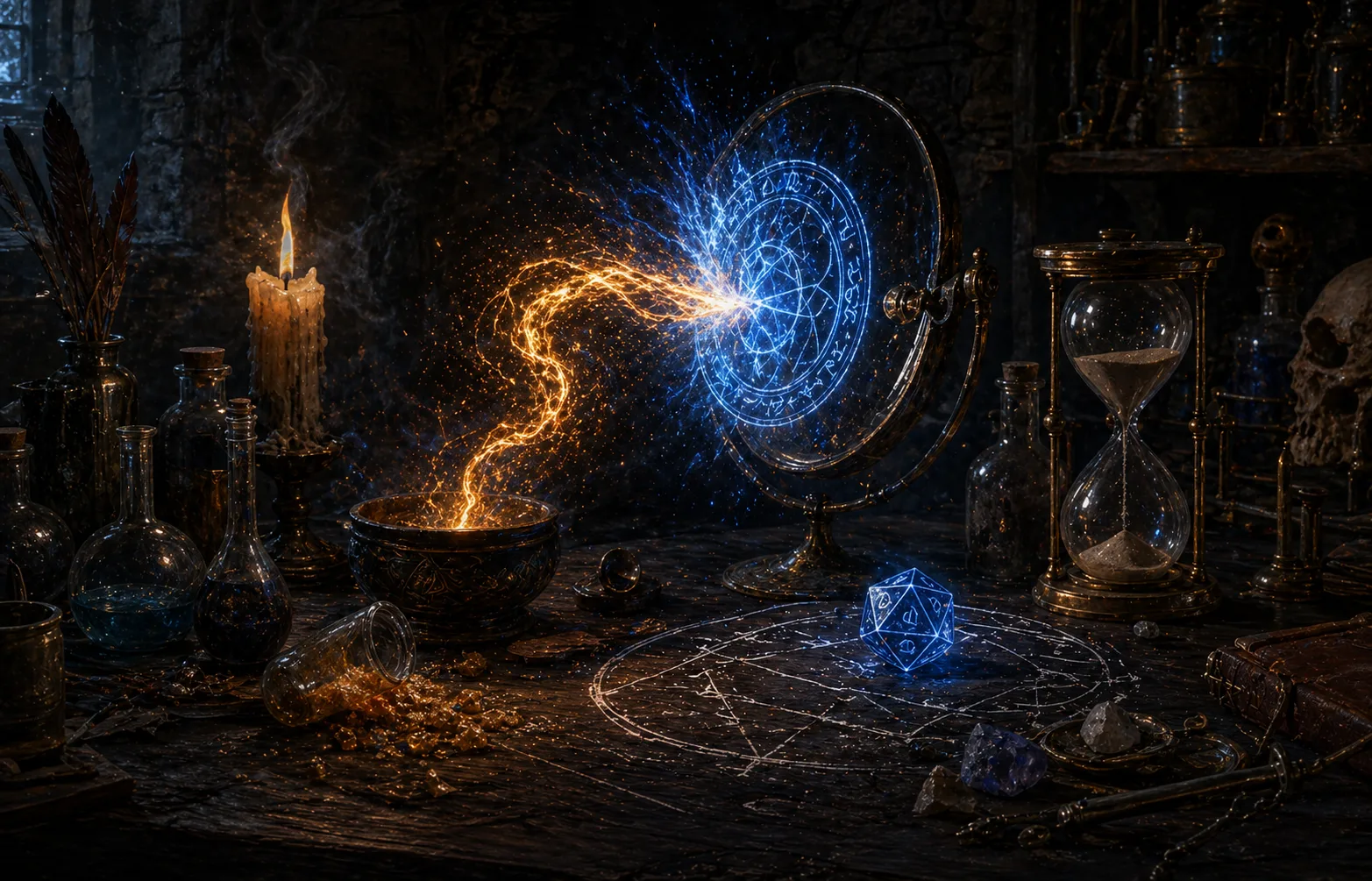 Dark fantasy alchemy workbench showing a blue abjuration sigil interrupting gold spell energy beside an hourglass and glowing d20