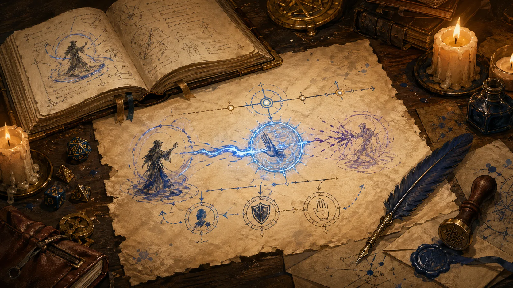 Ancient parchment field notes for dnd counterspell showing blue arcane timing diagrams, dice, and a warding sigil on a wizard desk
