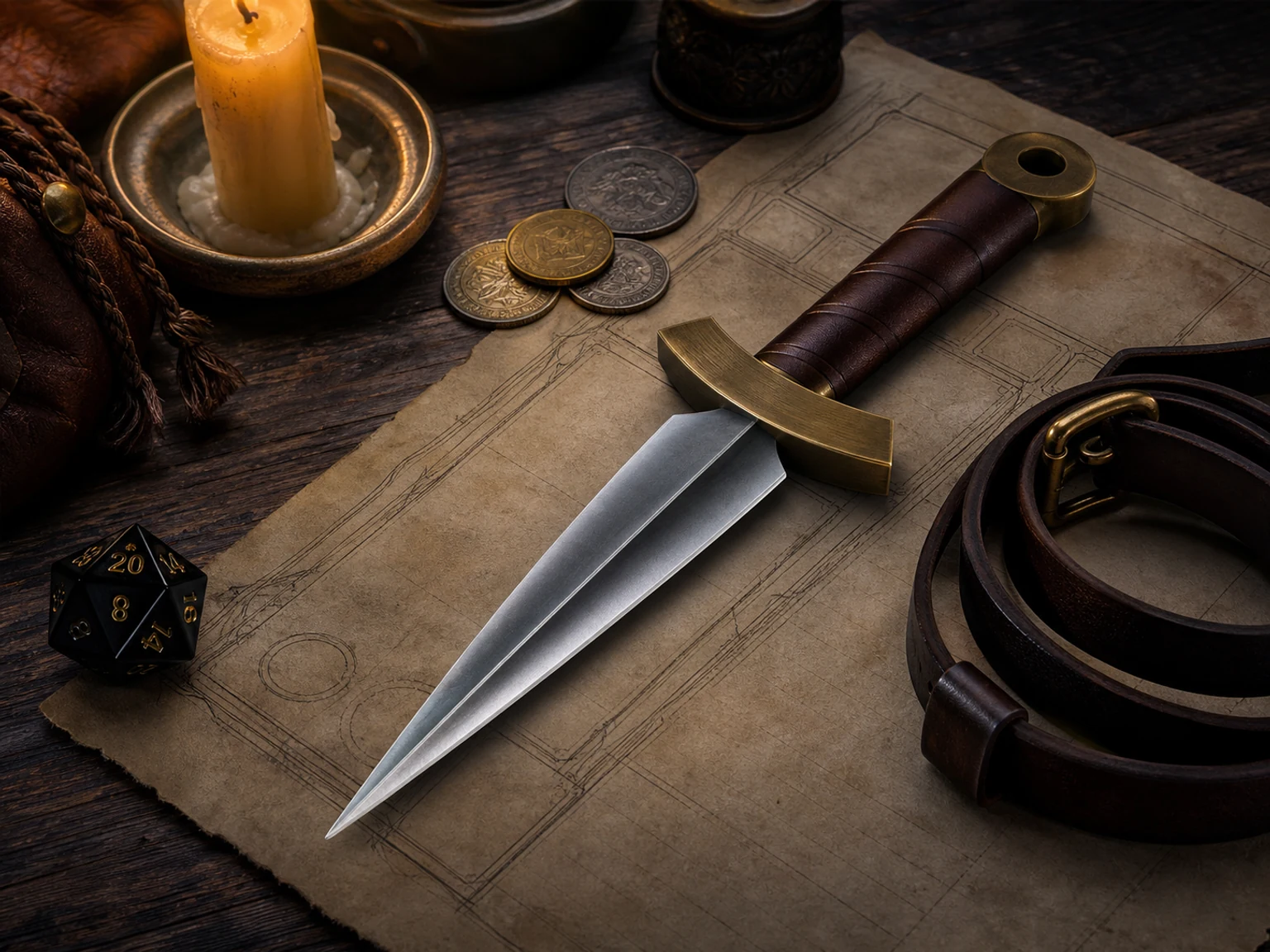 dnd dagger equipment loadout showing a dagger, character sheet, dice, and quick stat notes on a tabletop