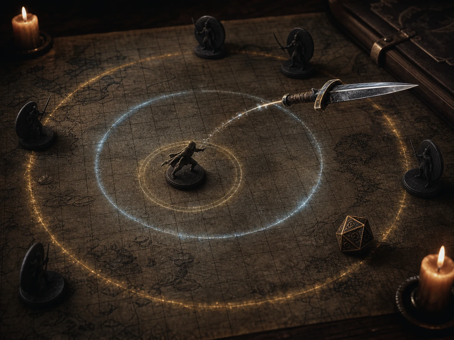 dnd dagger throwing range diagram on a fantasy battle map showing 20 foot and 60 foot bands