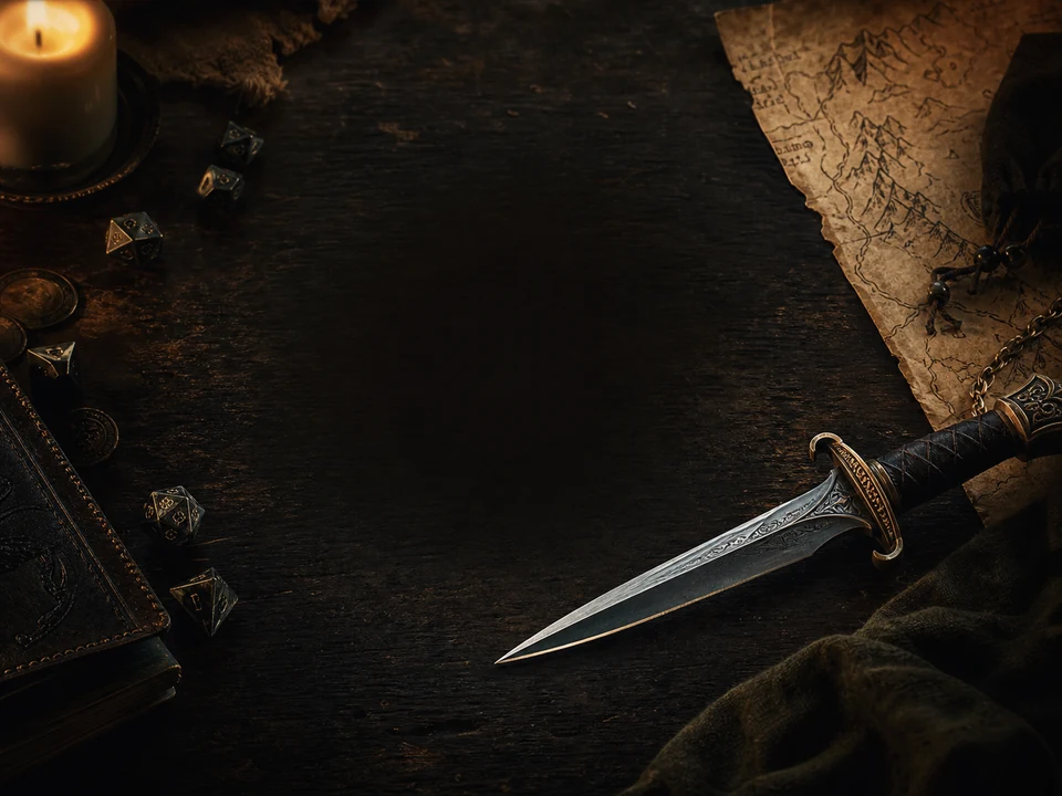 Clickable webp video cover for a dnd dagger guide showing a dagger on a dark tabletop beside dice and a parchment map