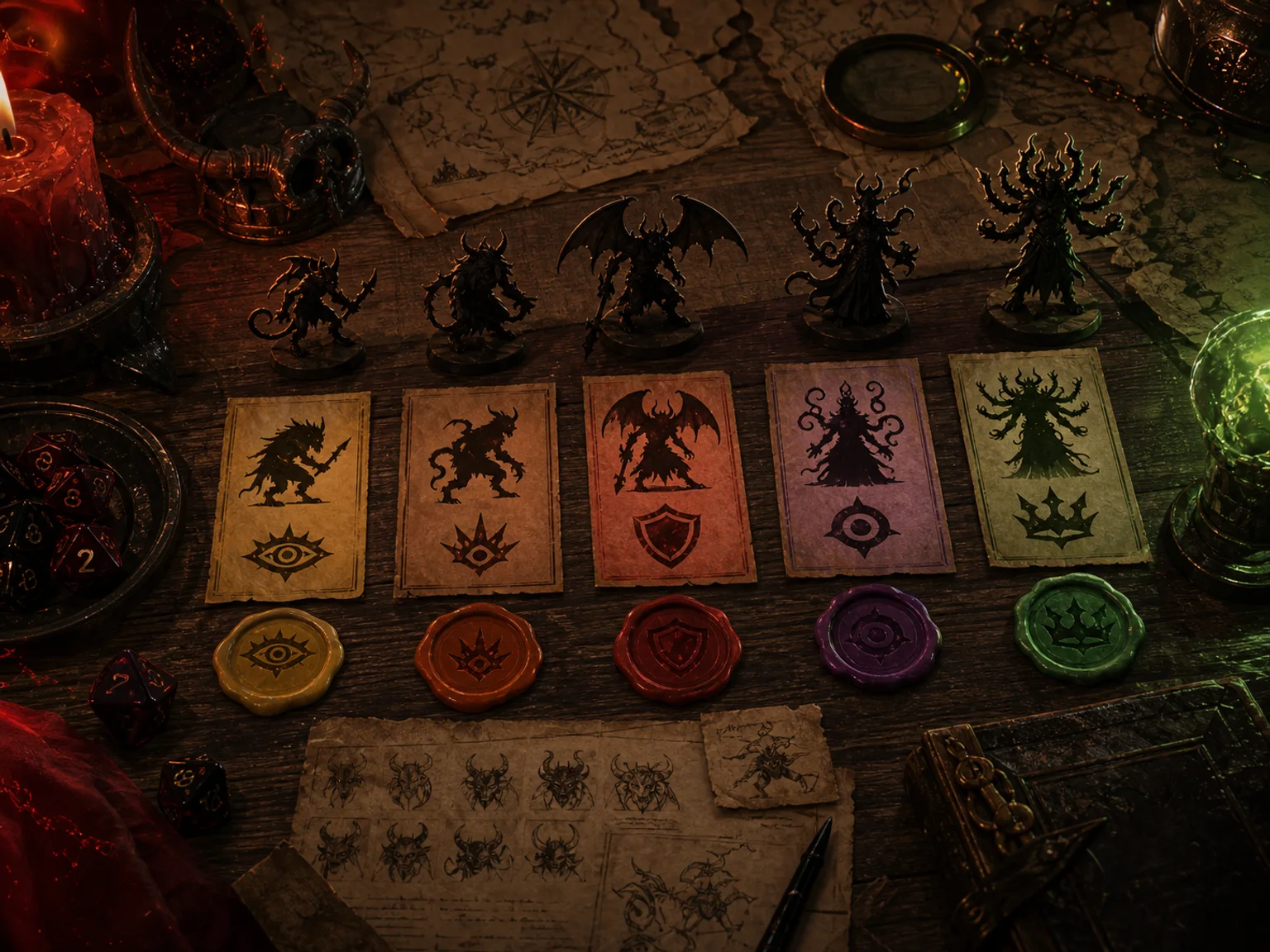 dnd demons encounter reference showing Abyssal demon types, portal light, dice, and VTT token sketches
