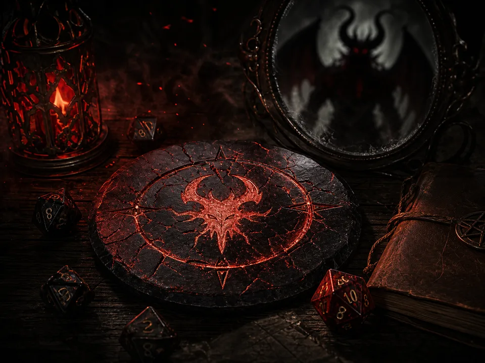 dnd demons video cover showing an Abyssal portal, demon silhouettes, dice, and tabletop notes