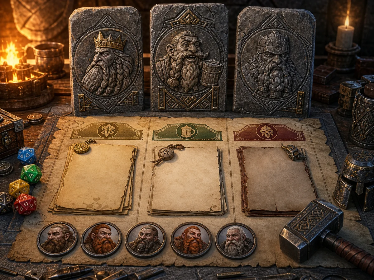 dnd dwarf names table with dwarf portrait tokens, clan tablets, dice, and a forge-lit tabletop naming board