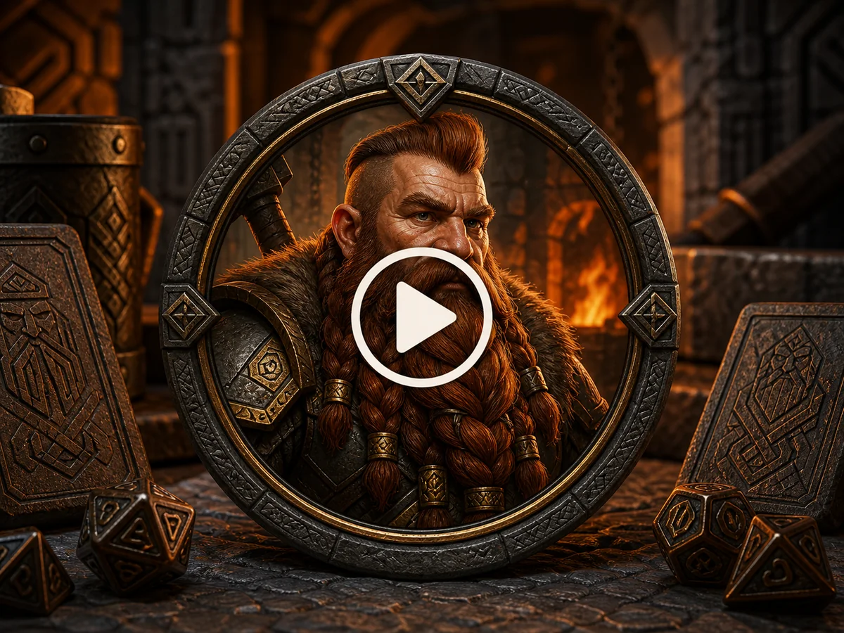 Clickable webp video cover for a dnd dwarf names guide showing a dwarf portrait token with a play button in a forge-lit stone hall