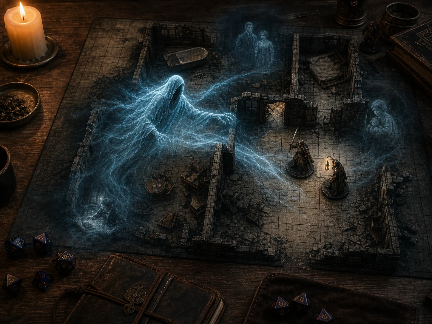 dnd ghost encounter map showing a spectral undead spirit moving through haunted manor walls toward adventurer miniatures