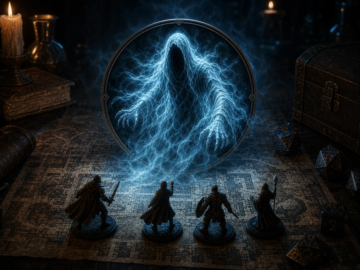 Clickable webp video cover for a dnd ghost guide showing a spectral ghost rising from a VTT token frame on a haunted tabletop map