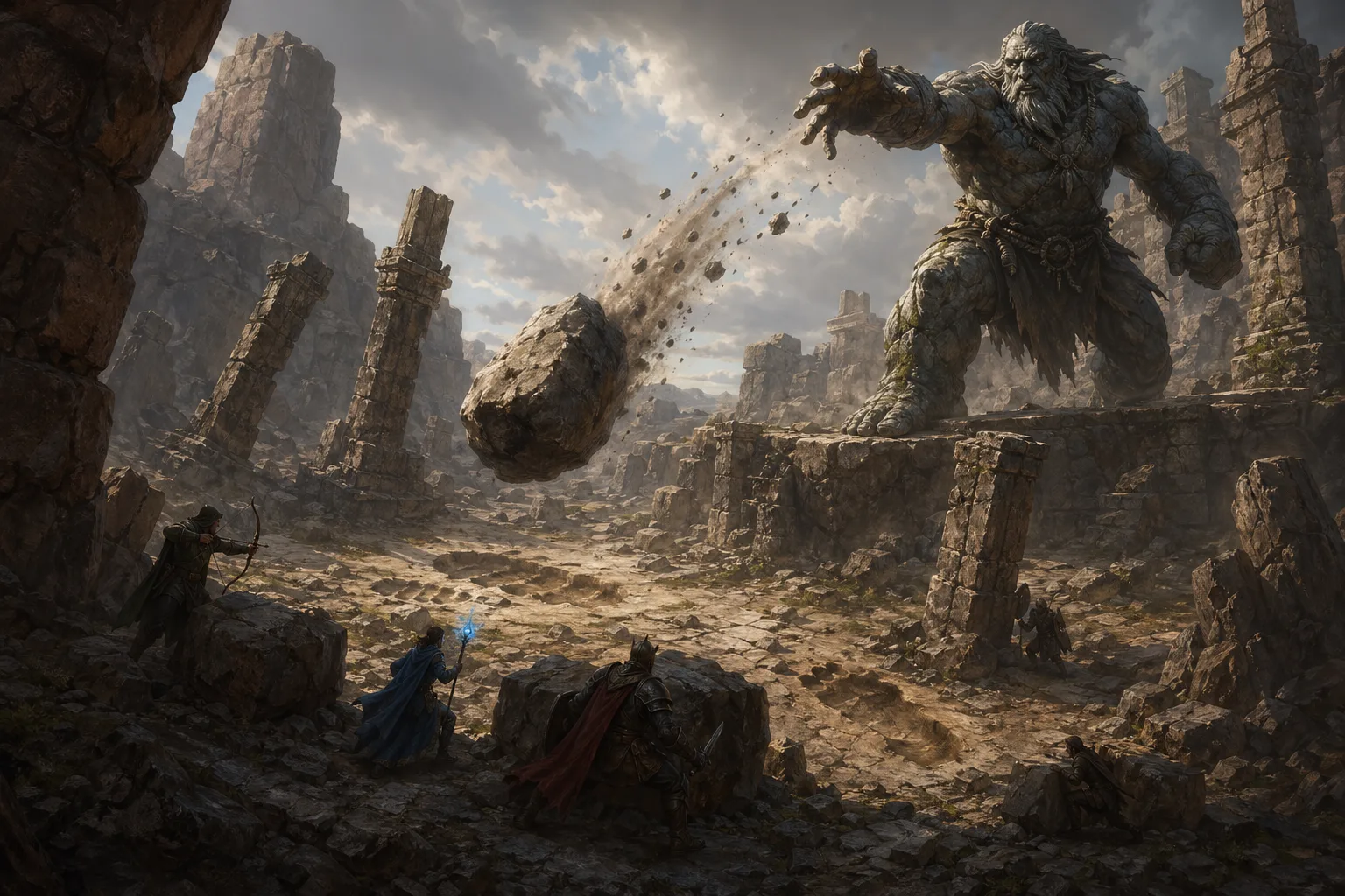 DND giants 遭遇图，石巨人在峡谷战场投掷巨石，小型冒险者正在利用掩体移动