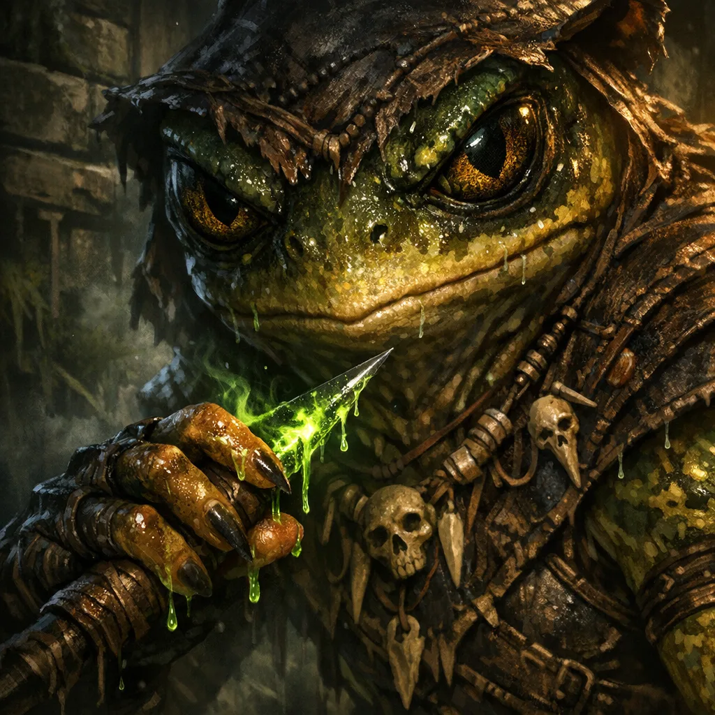 Close-up dark fantasy illustration of a DND grung coating a dart with glowing green poison in jungle armor