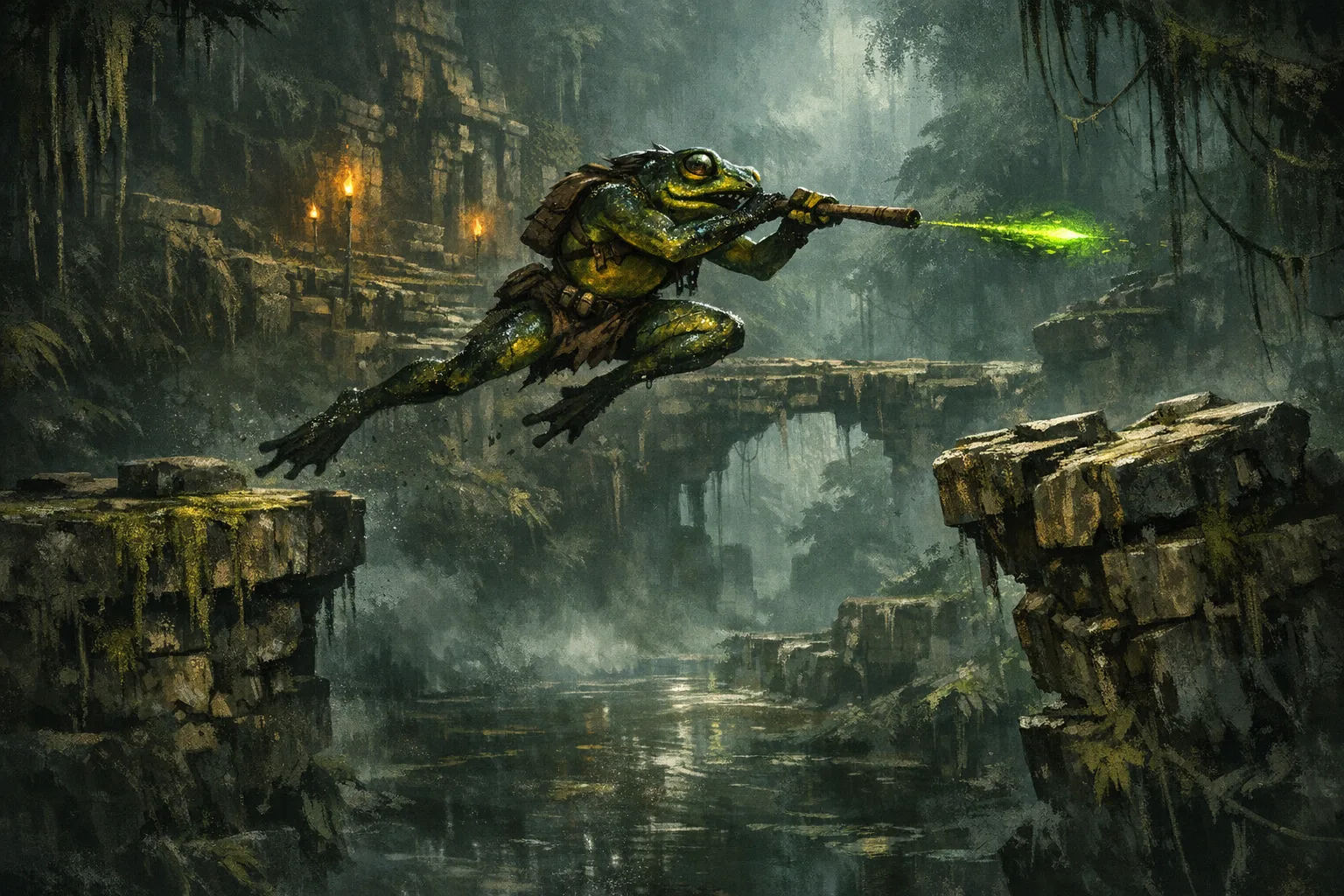 A DND grung scout leaping between ruined jungle platforms above swamp water with a poisoned blowgun dart