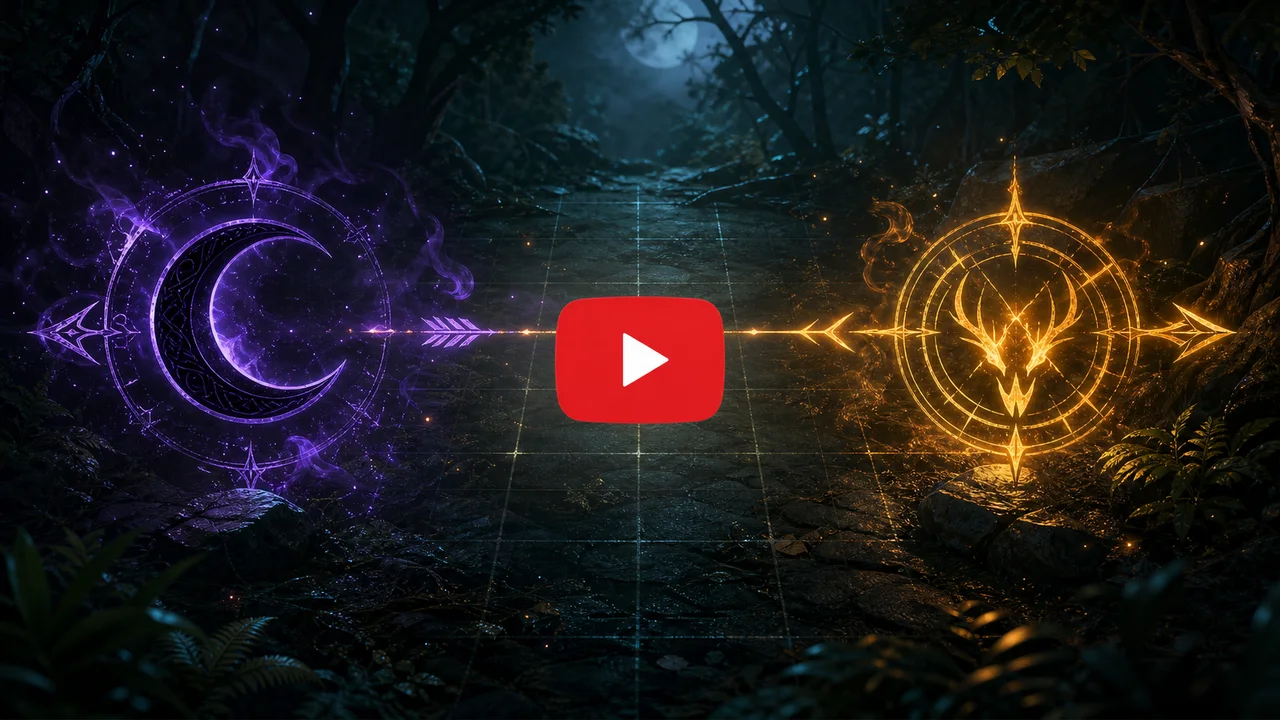 dnd hunter's mark 指南的视频 webp 占位封面，展示紫色 Hex 符文和金色 Hunter's Mark quarry 符文在月夜网格地图上对照