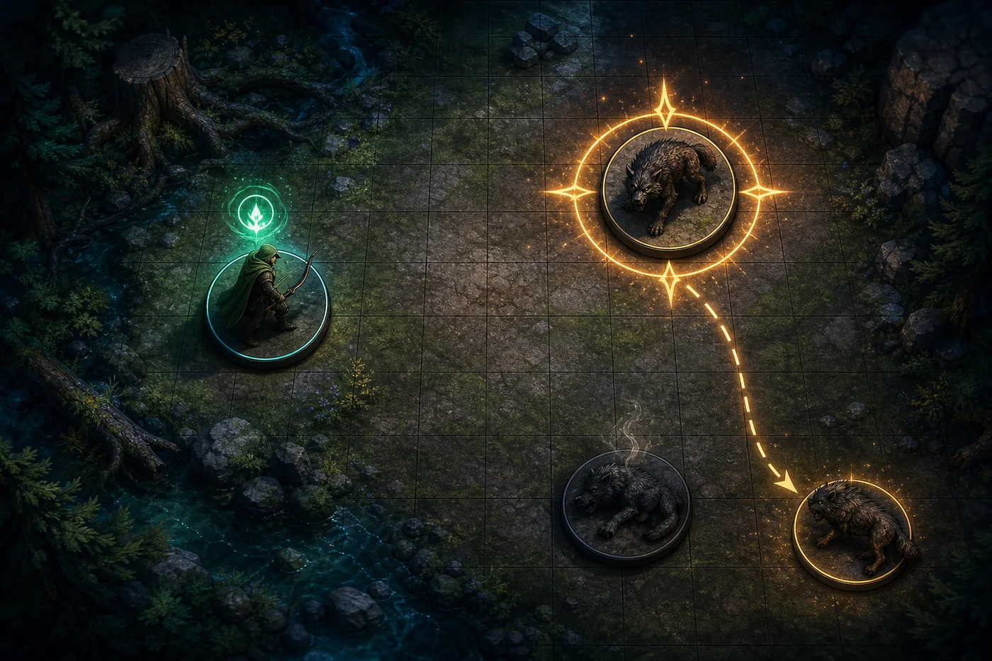 dnd hunter's mark VTT Token 标记图，展示带专注提醒的 Ranger Token、被 quarry 标记的目标和转移路径