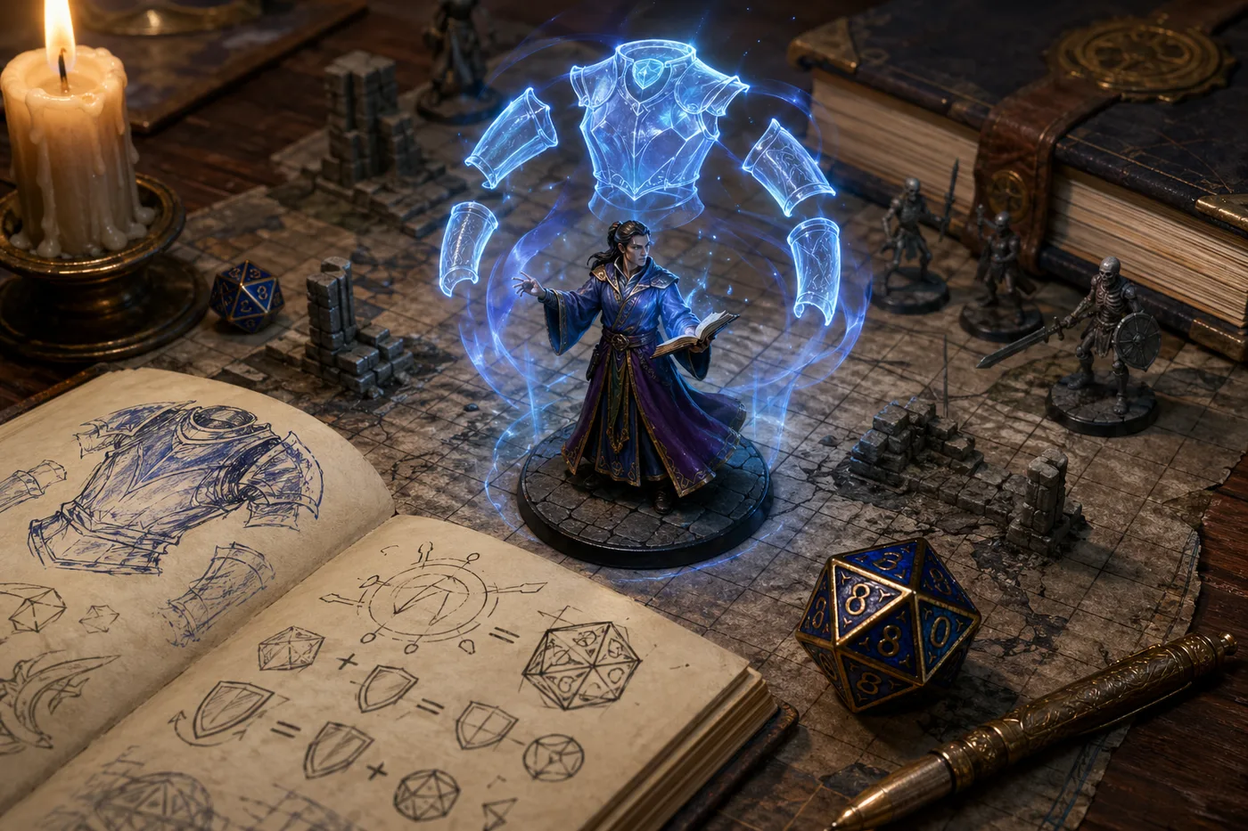 dnd mage armor AC 计算场景，一名长袍施法者模型在桌面战斗地图上被蓝色幽灵护甲保护