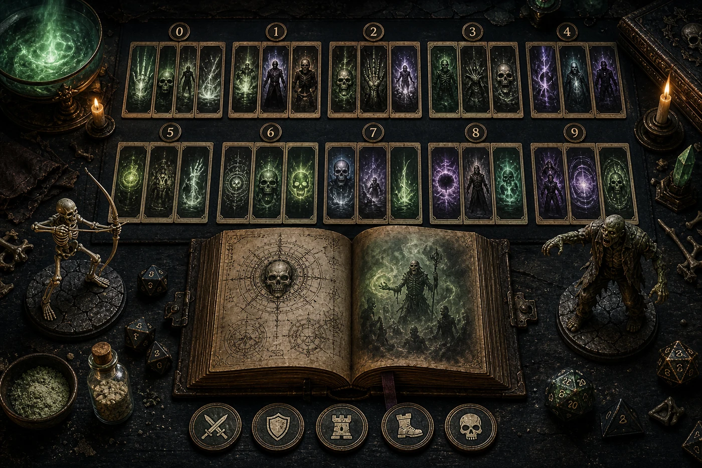 dnd necromancer spells level table shown as numbered spell cards with a skeleton archer, zombie miniature, command icons, dice, and necromancy spellbook